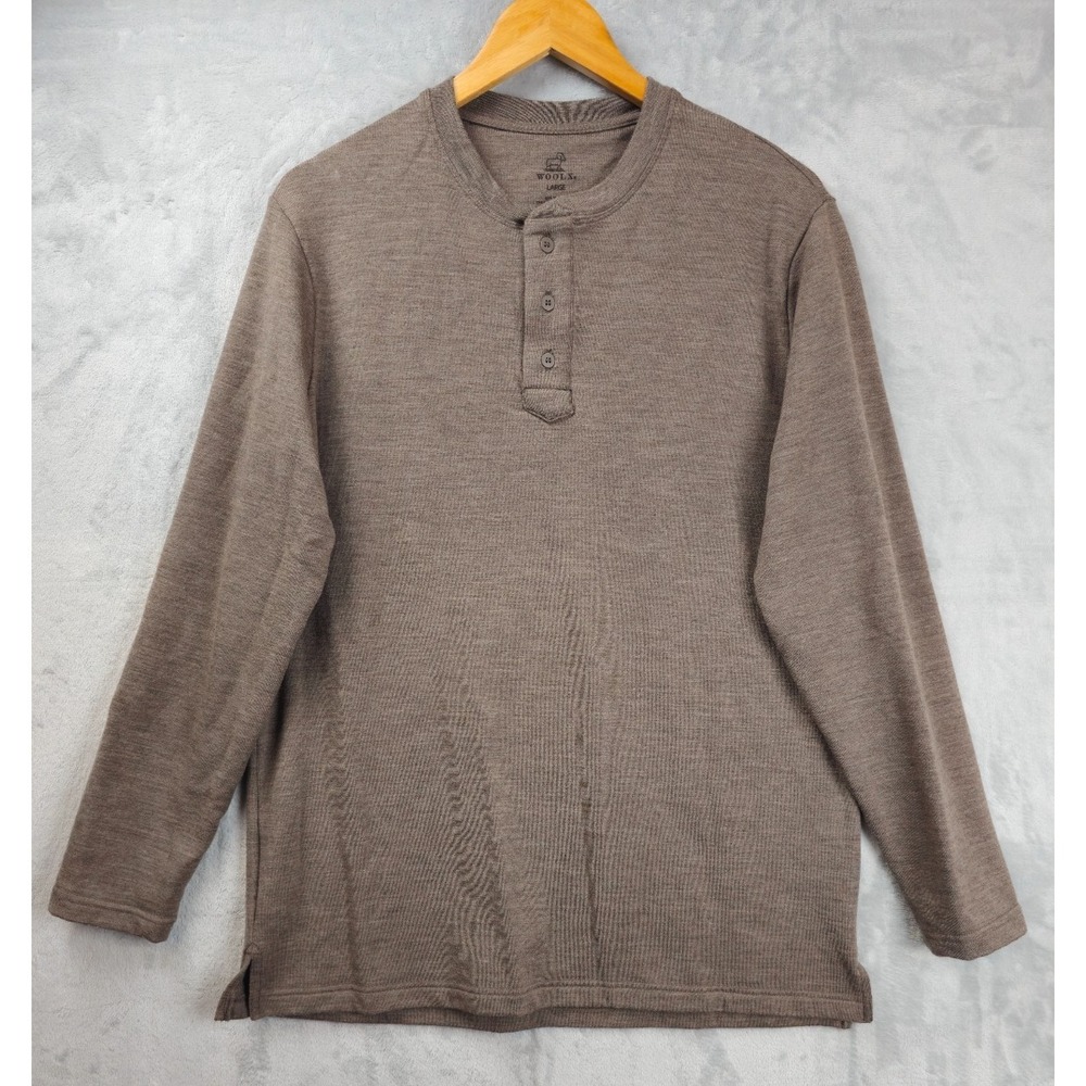 Woolx Henley Shirt Mens Large Brown Merino Wool Base Layer Heavyweight Winter